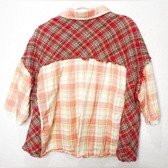 POL Plaid Patchwork Button-Up Short Sleeve Shirt Mixed Pattern Boho Oversized - Picture 2 of 7